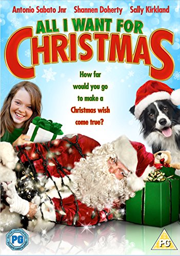 "All I Want For Christmas DVD cover featuring a woman, dog, and Santa under Christmas trees."