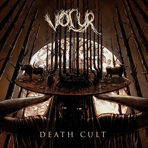 Dark album cover featuring skeletal trees, bulls, and a horned figure.