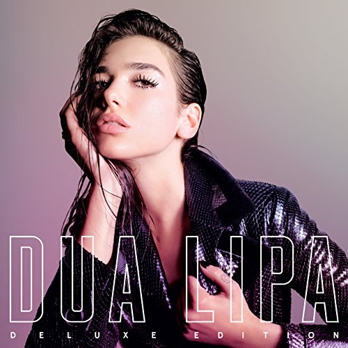 "Dua Lipa album cover featuring a woman in a shiny jacket against a purple background."