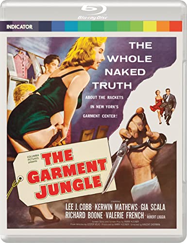 Blu-ray cover for "The Garment Jungle" featuring a woman and scissors.