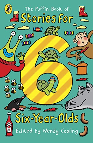 "The Puffin Book of Stories for Six-year-olds" book cover with cartoon aliens and space scene.