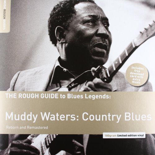 Black and white portrait of Muddy Waters playing an electric guitar.