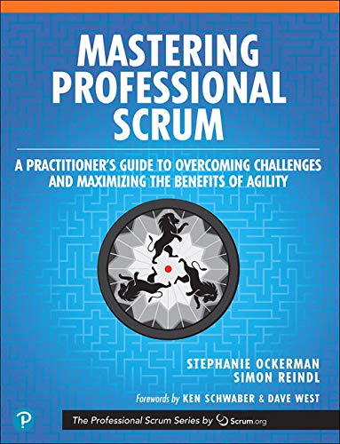 "Blue book cover with 'Mastering Professional Scrum' title, maze pattern, and circular graphic illustration."