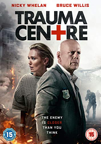 Trauma Centre" DVD cover featuring Bruce Willis and Nicky Whelan, with a fiery background.