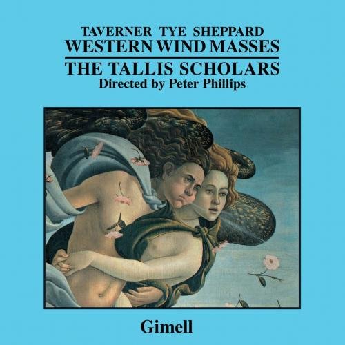 "CD cover with Renaissance painting of two men embracing, on light blue background."