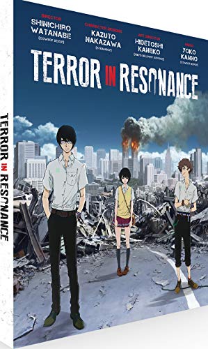 Terror In Resonance" Blu-ray cover featuring three anime characters amid destruction.
