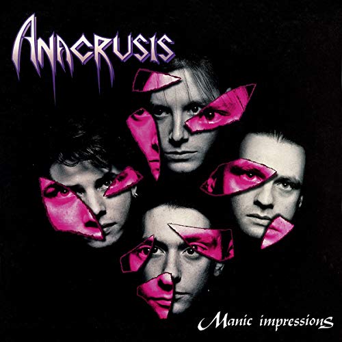 "Album cover with four men's faces and pink tape pieces on a black background."