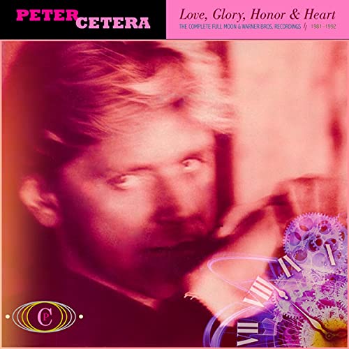 Peter Cetera album cover with portrait and clock imagery, red background.