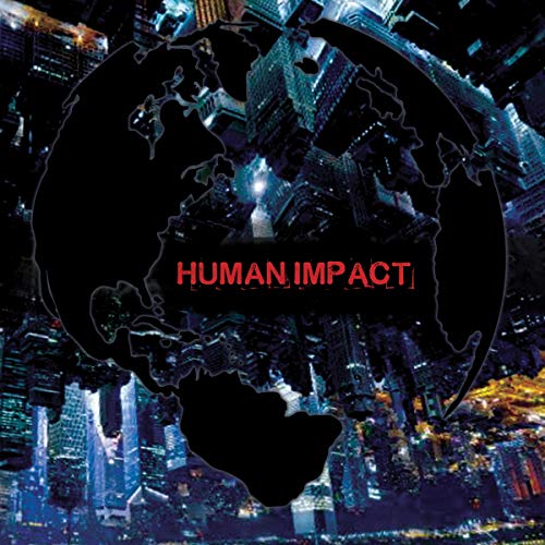 Skull-shaped world map over a blurred cityscape, with red text "HUMAN IMPACT".