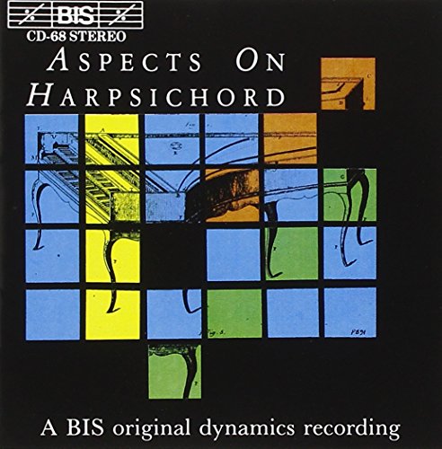 "CD cover with a grid of harpsichord images on a black background."