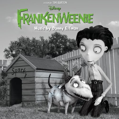 Frankenweenie CD cover: boy, stitched dog, and doghouse in black and white.