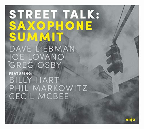 "Saxophone Summit CD cover with cityscape, traffic lights, and artist names in white and yellow."