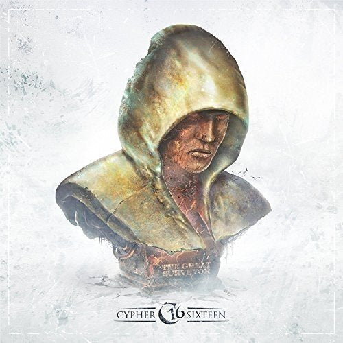 Bronze hooded figure with cracked face, album cover for Cypher16.