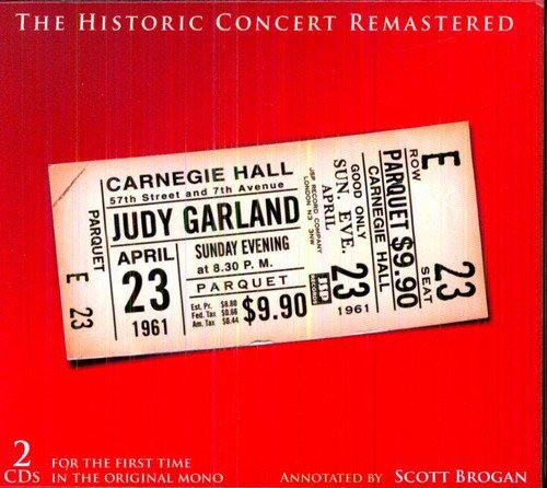Red album cover with ticket stub image of Judy Garland's 1961 Carnegie Hall concert.