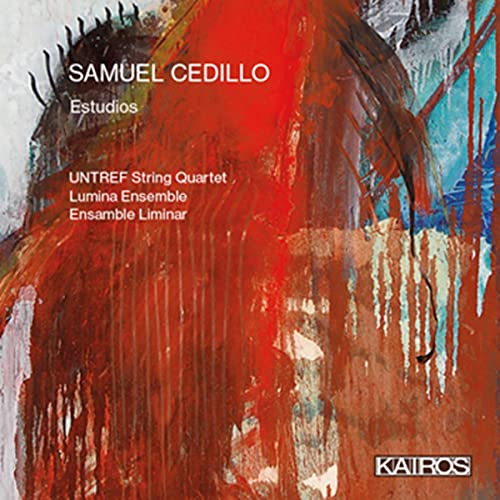 CD cover for "Estudios" by Samuel Cedillo, featuring abstract red and blue art.