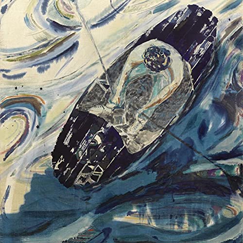 Abstract painting of a person in a boat on swirling blue water.