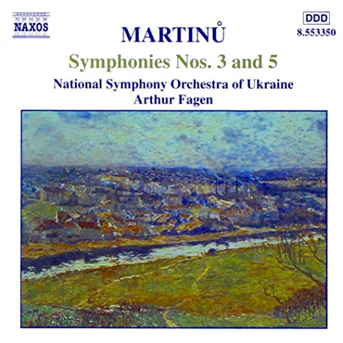 "CD cover with a landscape painting and text describing Martinu's Symphonies Nos. 3 and 5."