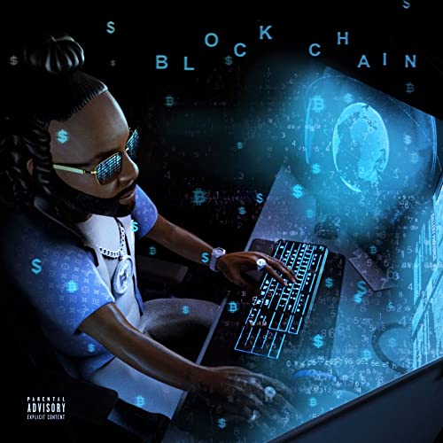 Man with sunglasses at a computer, digital currency graphics, album cover.