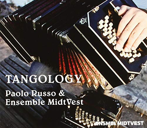 "CD cover featuring a person playing a black accordion on a wooden surface."