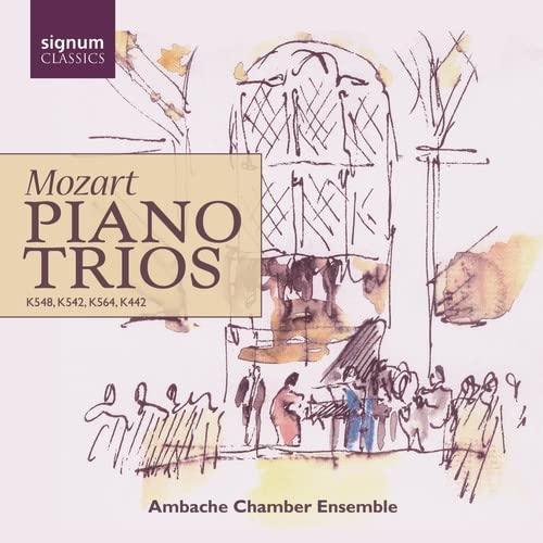 CD cover for Mozart piano trios with sketched figures and text.