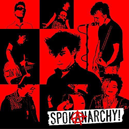 Red and black collage of punk musicians with "Spokanarchy!" text.