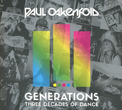 Paul Oakenfold album cover with rainbow bars and collage of black and white photos.