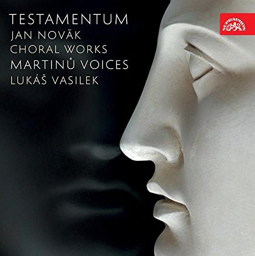 "CD cover with a white stone face on a black background, red logo."