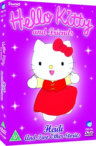 "Purple DVD case featuring Hello Kitty in a red dress, surrounded by sparkles."