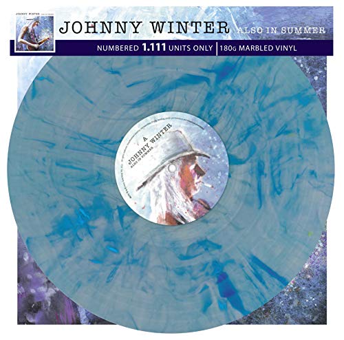 "Blue marbled vinyl record with Johnny Winter's image on the label."