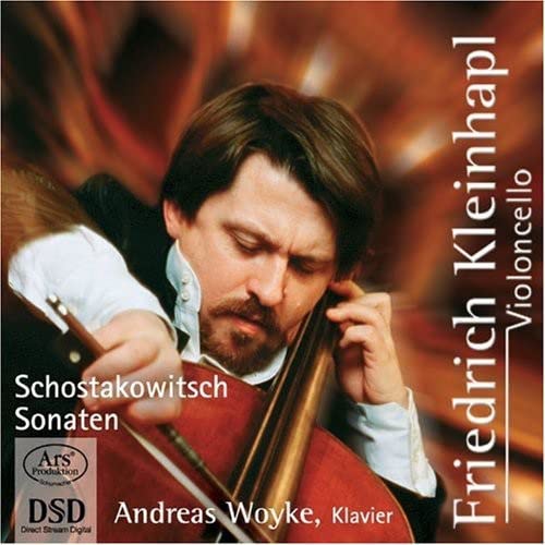 Cellist Friedrich Kleinhapl playing, album cover for Shostakovich cello sonatas.