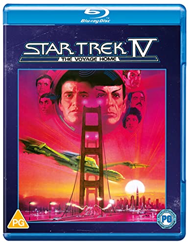 Blu-ray cover for "Star Trek IV: The Voyage Home" featuring cast and Golden Gate Bridge.