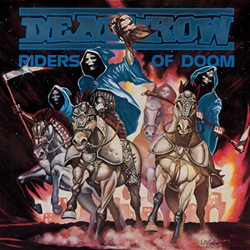 "Album cover art: 'Deathrow' with four horsemen and robed figures against a fiery background."