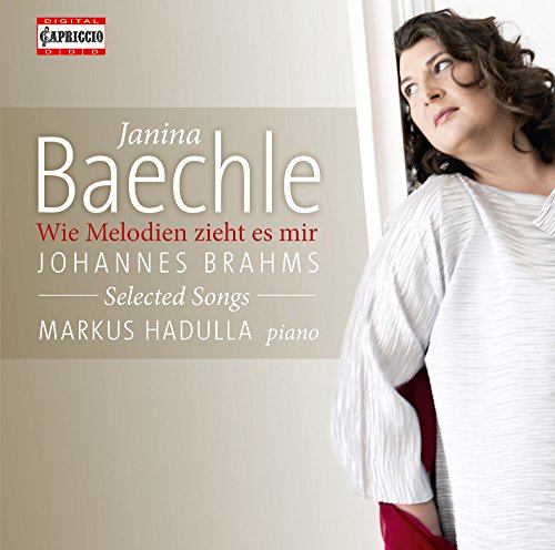 CD cover featuring a woman in white with curly hair and text describing Brahms' selected songs.