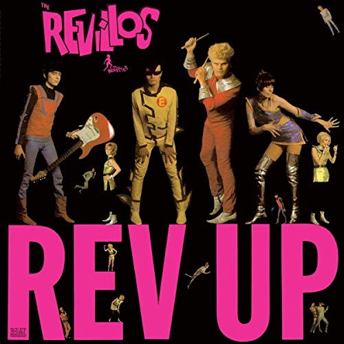 "Vinyl album cover with three band members and 'Rev Up' in pink letters."