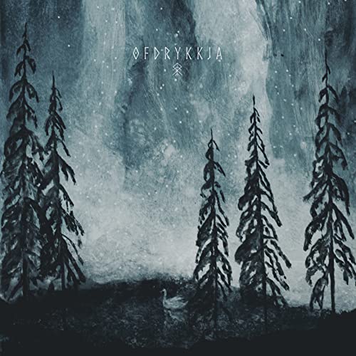 PaintingSCBblue-toned painting of dark evergreen trees and a swan in a misty landscape.