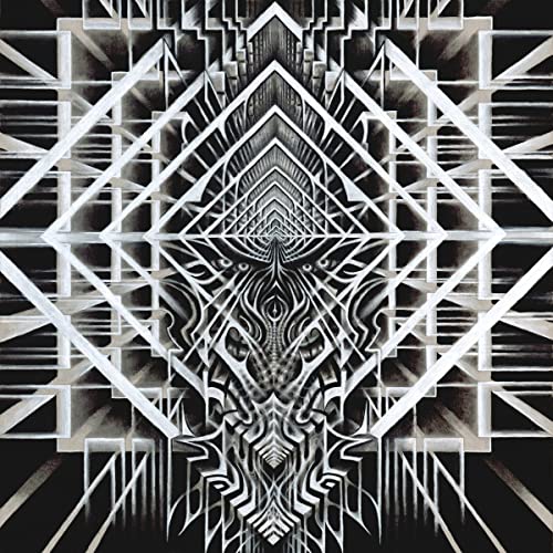 Black and white abstract artwork with repeating geometric shapes and a central face.