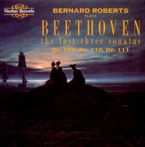 "CD cover with Beethoven's last three sonatas, featuring silhouetted figures on a rocky seaside."
