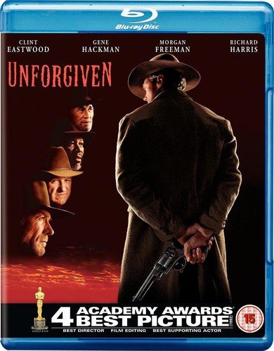 Unforgiven" Blu-ray cover featuring Clint Eastwood and other actors in western attire.