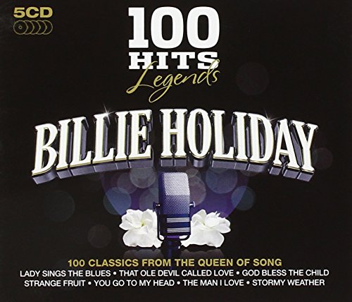 "CD cover with microphone and white flowers, featuring Billie Holiday's name prominently."