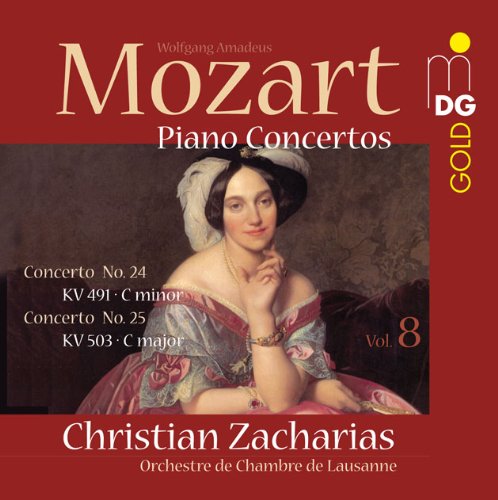 Red CD cover featuring a 18th-century woman portrait and Mozart concertos information.