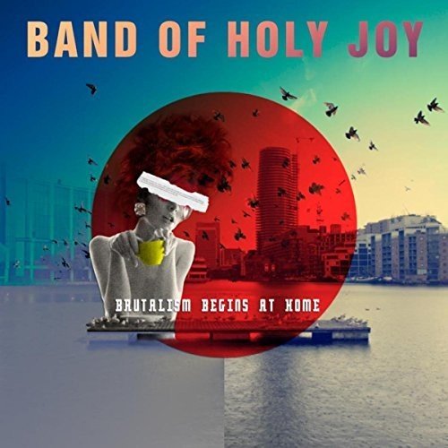 Album cover with a person, city skyline, and red circular backdrop.