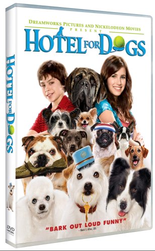 "DVD case for 'Hotel for Dogs' with children and multiple dogs on the cover."