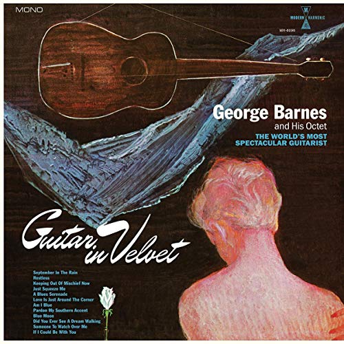 "Vinyl album cover with abstract art, guitar, and a person's back."