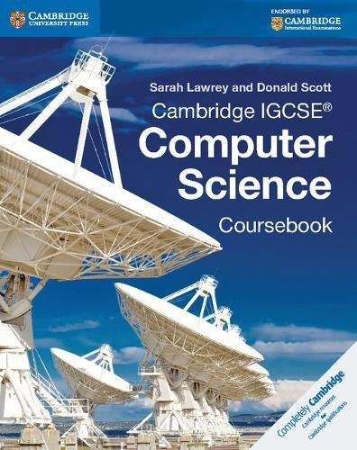 "Textbook cover with satellite dishes against a blue sky, titled 'Cambridge IGCSE Computer Science'."