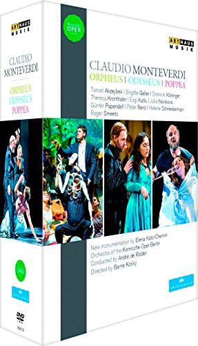 DVD cover for "Monteverdi Cycle" featuring three opera scenes with performers in costume.