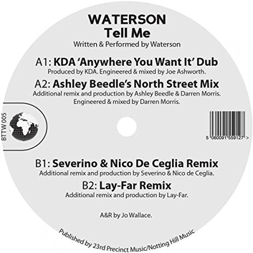 Vinyl record label with tracklist and barcode on a grey background.
