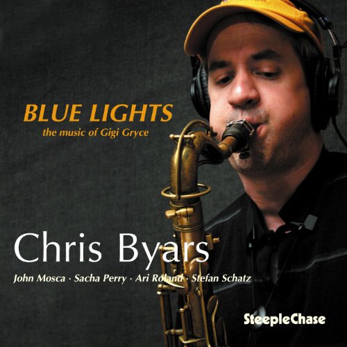 Album cover: man playing saxophone, wearing headphones and yellow cap, dark background.