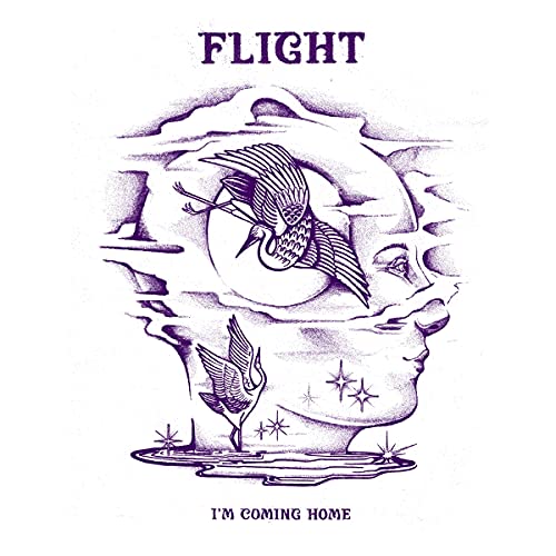 Purple and white sketched album cover featuring a bird and face.