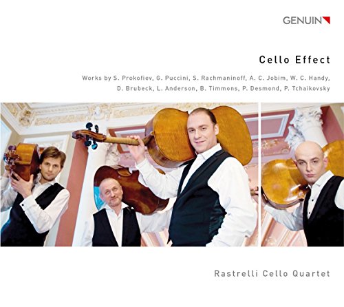 CD cover featuring four men holding cellos, wearing white shirts and black vests.
