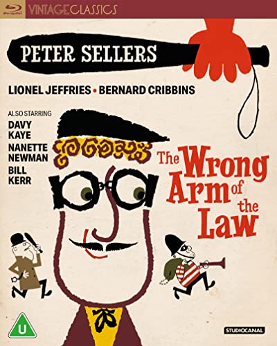 Blu-ray cover for "The Wrong Arm of the Law" with cartoon illustration.